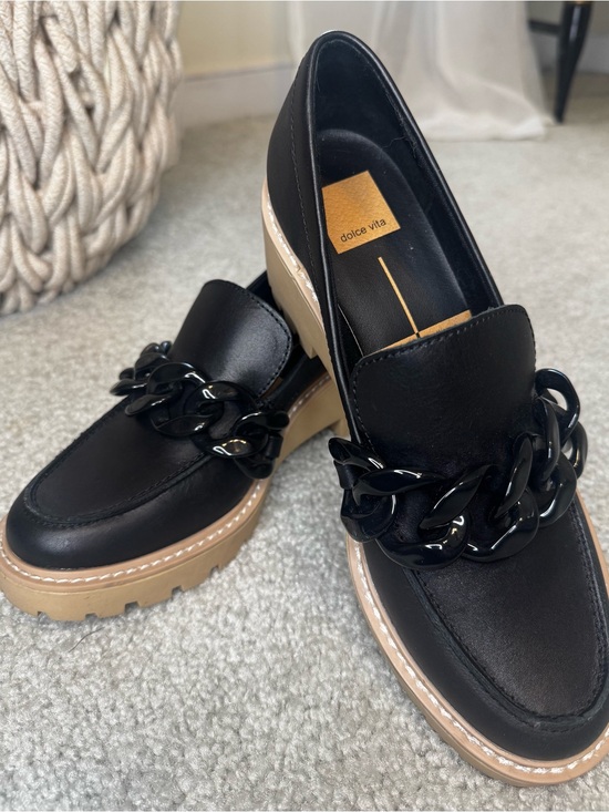 Dolce Vita Shoes - Dolce Vita Black Loafers with Chunky Black Chain and Tan Lug Sole